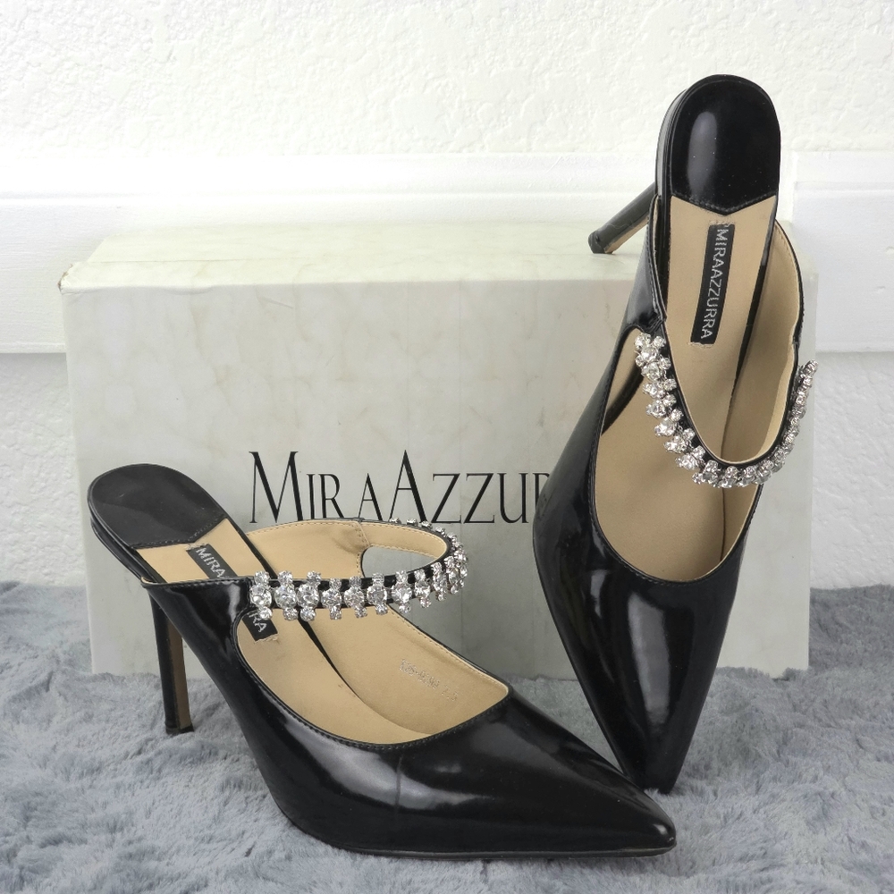 Mira Azzurra Rhinestone Strappy Heeled Mules, Pointy Toe - Picture 7 of 14